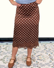Load image into Gallery viewer, Polka Dot Lace Trim Satin Midi Skirt | Chocolate