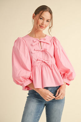 Pink Peplum Tie Up Blouse