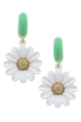 Green Daisy Huggie Hoop Earrings