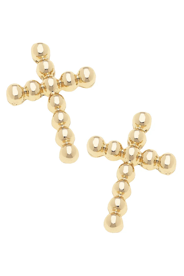 Gold Beaded Cross Stud Earrings