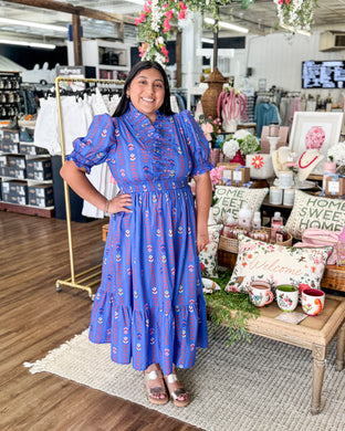 Blue Ruffle Smocked Midi Dress