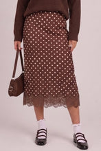 Load image into Gallery viewer, Polka Dot Lace Trim Satin Midi Skirt | Chocolate