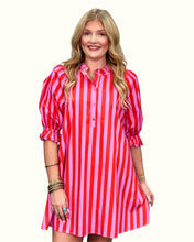 Load image into Gallery viewer, Pink with Red Stripe Puff Sleeve Dress
