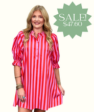 Load image into Gallery viewer, Pink with Red Stripe Puff Sleeve Dress