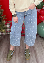 Load image into Gallery viewer, Denim Barrel Jeans with White Polka Dots